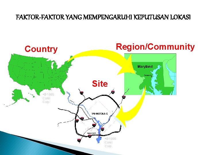 FAKTOR-FAKTOR YANG MEMPENGARUHI KEPUTUSAN LOKASI Region/Community Country Site • © 1995 Corel Corp. 