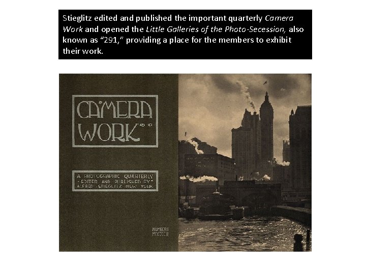 Stieglitz edited and published the important quarterly Camera Work and opened the Little Galleries
