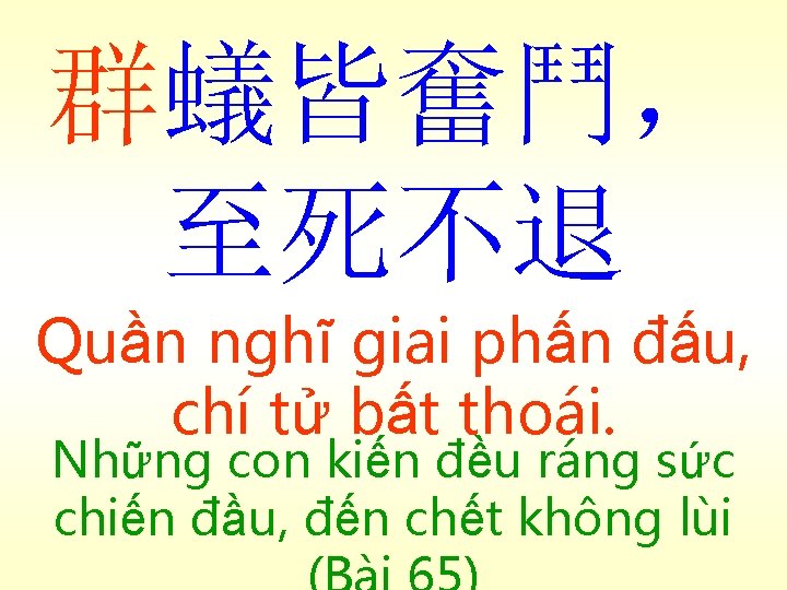 群蟻皆奮鬥， 至死不退 Quần nghĩ giai phấn đấu, chí tử bất thoái. Những con kiến