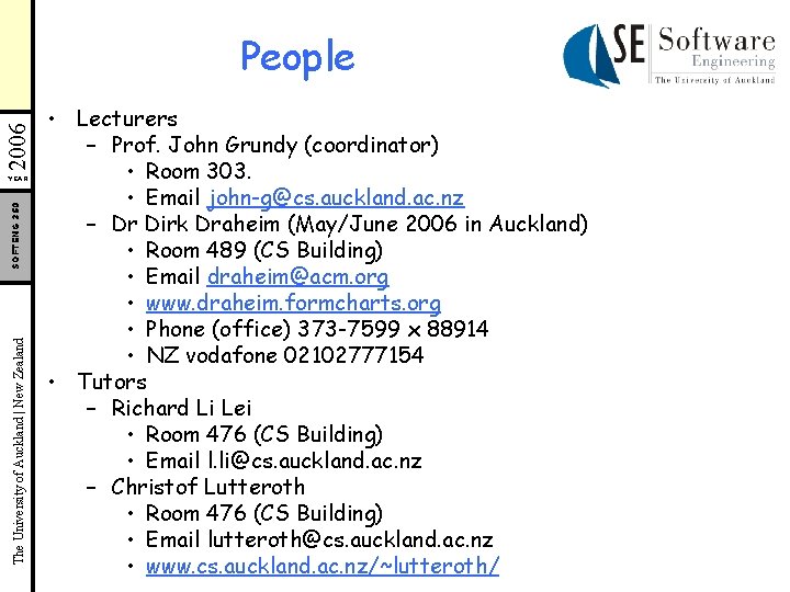 2006 People The University of Auckland | New Zealand SOFTENG 350 YEAR • Lecturers