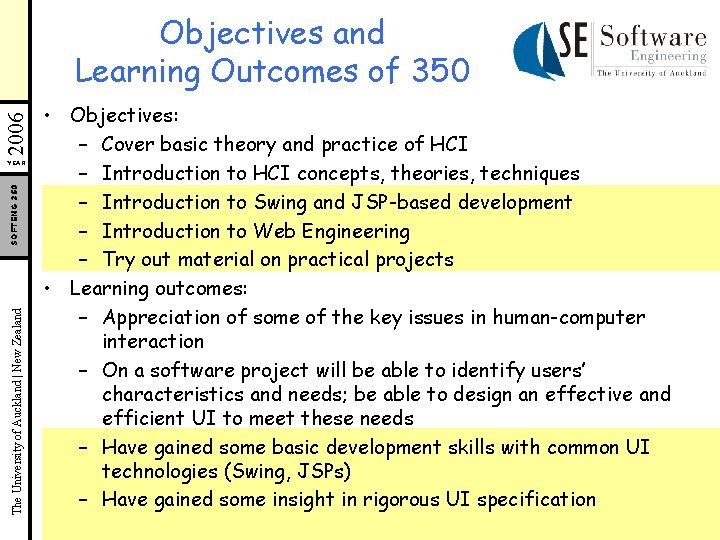 2006 Objectives and Learning Outcomes of 350 The University of Auckland | New Zealand