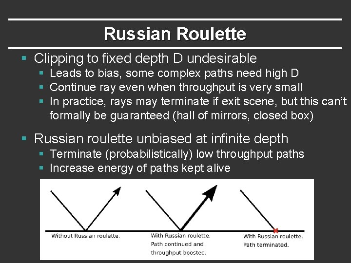 Russian Roulette § Clipping to fixed depth D undesirable § Leads to bias, some