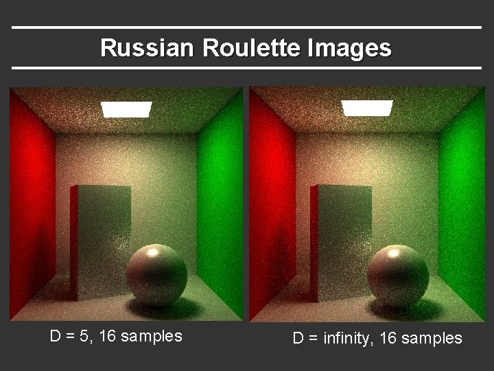 Russian Roulette Images D = 5, 16 samples D = infinity, 16 samples 