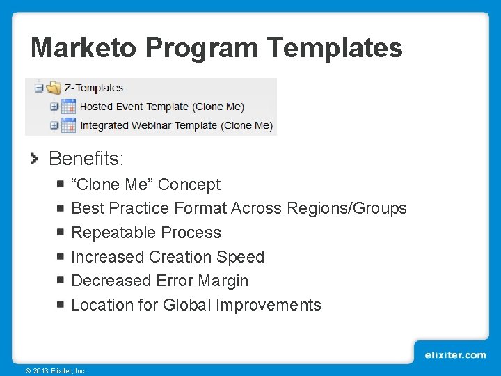 Marketo Program Templates Benefits: “Clone Me” Concept Best Practice Format Across Regions/Groups Repeatable Process