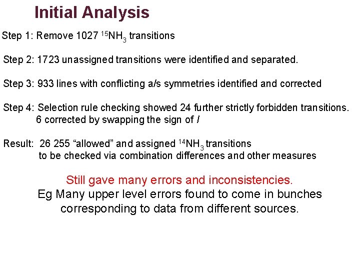  • Initial Analysis Step 1: Remove 1027 15 NH 3 transitions Step 2: