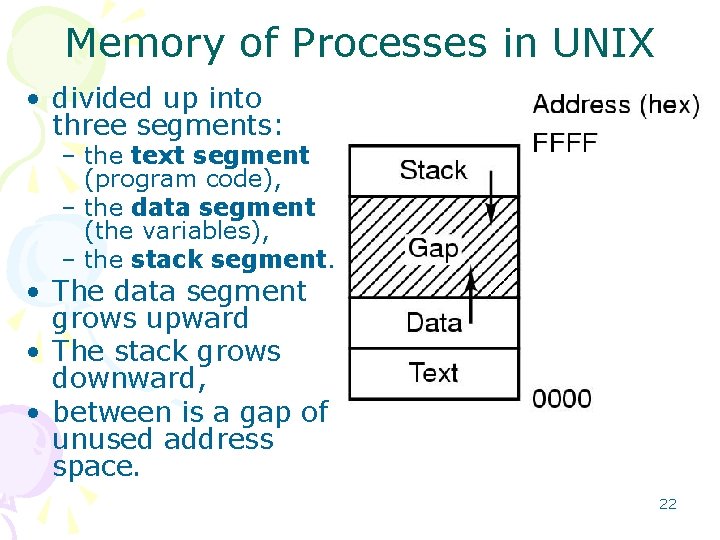 Memory of Processes in UNIX • divided up into three segments: – the text