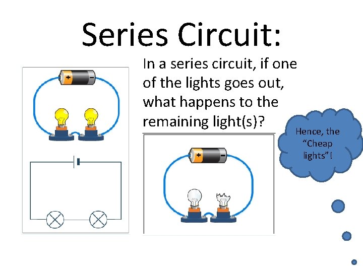 Series Circuit: In a series circuit, if one of the lights goes out, what