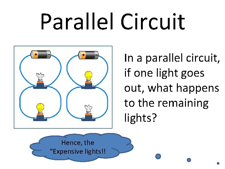 Parallel Circuit In a parallel circuit, if one light goes out, what happens to