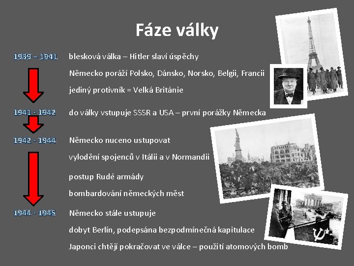 Fáze války 1939 – 1941 blesková válka – Hitler slaví úspěchy Německo poráží Polsko,