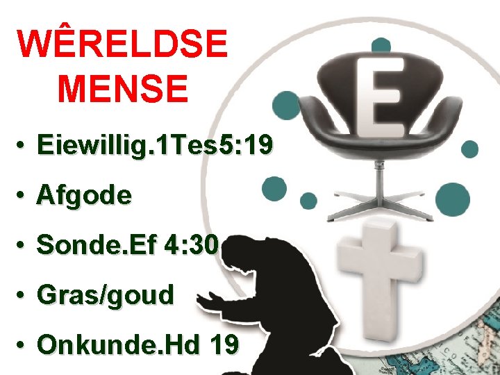 WÊRELDSE MENSE • Eiewillig. 1 Tes 5: 19 • Afgode • Sonde. Ef 4: