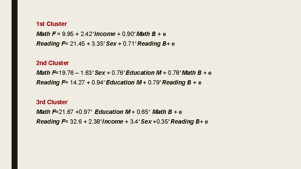 1 st Cluster Math F = 9. 95 + 2. 42*Income + 0. 90*Math