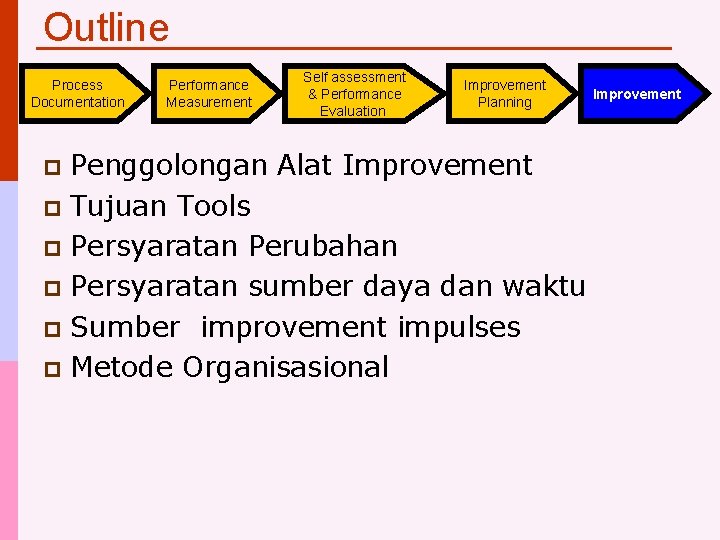 Outline Process Documentation Performance Measurement Self assessment & Performance Evaluation Improvement Planning Penggolongan Alat