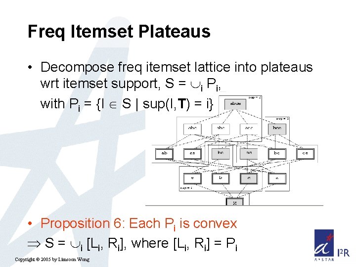 Freq Itemset Plateaus • Decompose freq itemset lattice into plateaus wrt itemset support, S