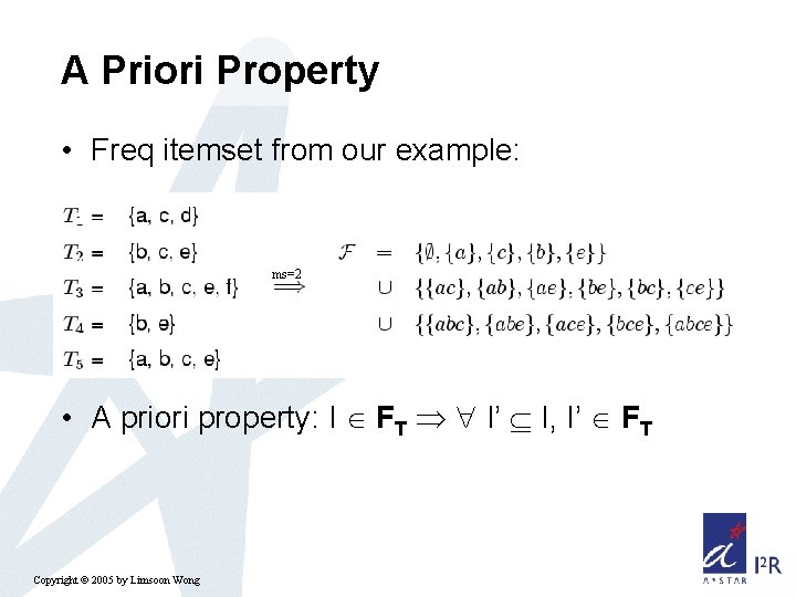 A Priori Property • Freq itemset from our example: ms=2 • A priori property: