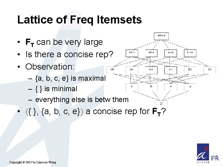 Lattice of Freq Itemsets • FT can be very large • Is there a