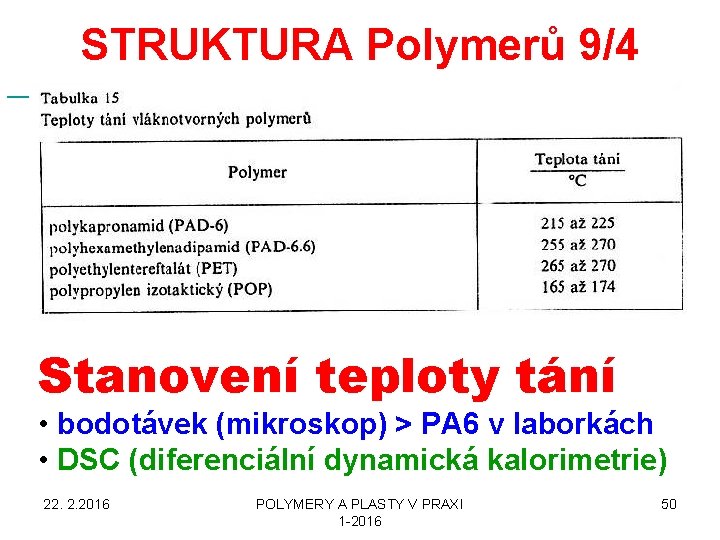  STRUKTURA Polymerů 9/4 Stanovení teploty tání • bodotávek (mikroskop) > PA 6 v