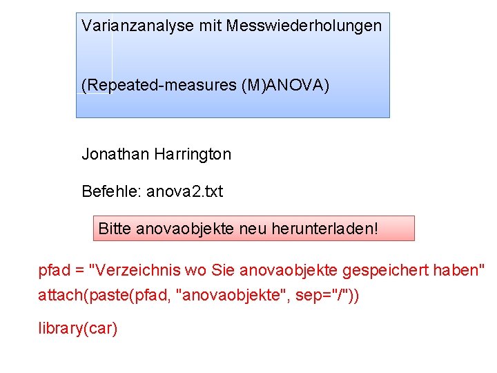 Varianzanalyse mit Messwiederholungen (Repeated-measures (M)ANOVA) Jonathan Harrington Befehle: anova 2. txt Bitte anovaobjekte neu