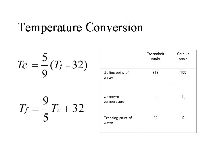 Temperature Conversion Fahrenheit scale Celsius scale 212 100 Unknown temperature Tf Tc Freezing point