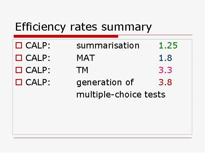 Efficiency rates summary o o CALP: summarisation 1. 25 MAT 1. 8 TM 3.
