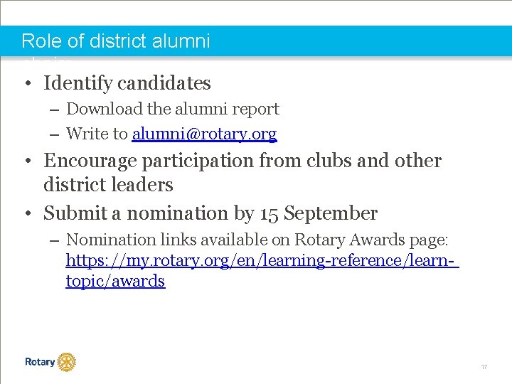 Role of district alumni chairs • Identify candidates – Download the alumni report –