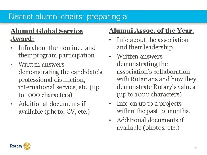 District alumni chairs: preparing a nomination Alumni Assoc. of the Year: Alumni Global Service