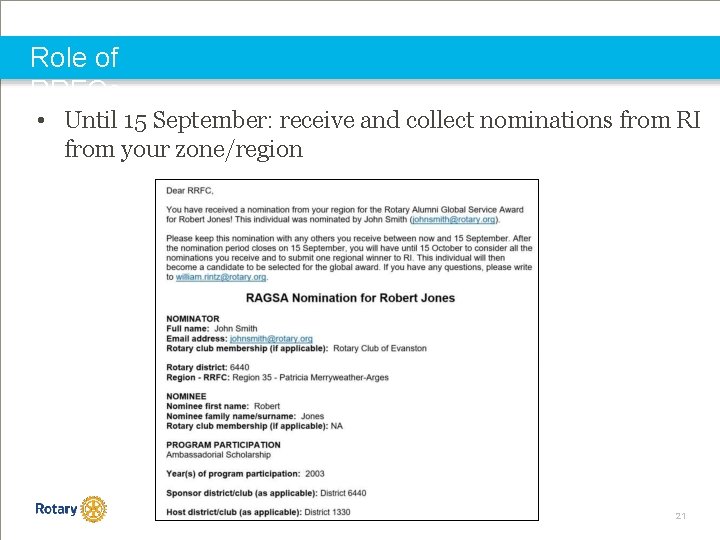 Role of RRFCs • Until 15 September: receive and collect nominations from RI from