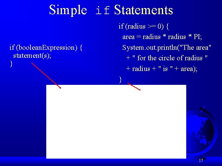 Simple if Statements if (boolean. Expression) { statement(s); } if (radius >= 0) {