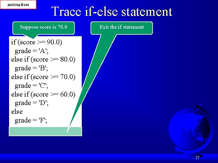 animation Trace if-else statement Suppose score is 70. 0 Exit the if statement if