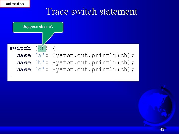 animation Trace switch statement Suppose ch is 'a': switch case } (ch) 'a': 'b':