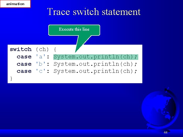 animation Trace switch statement Execute this line switch case } (ch) 'a': 'b': 'c':