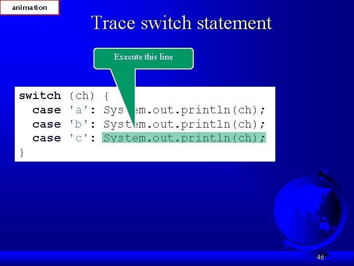 animation Trace switch statement Execute this line switch case } (ch) 'a': 'b': 'c':