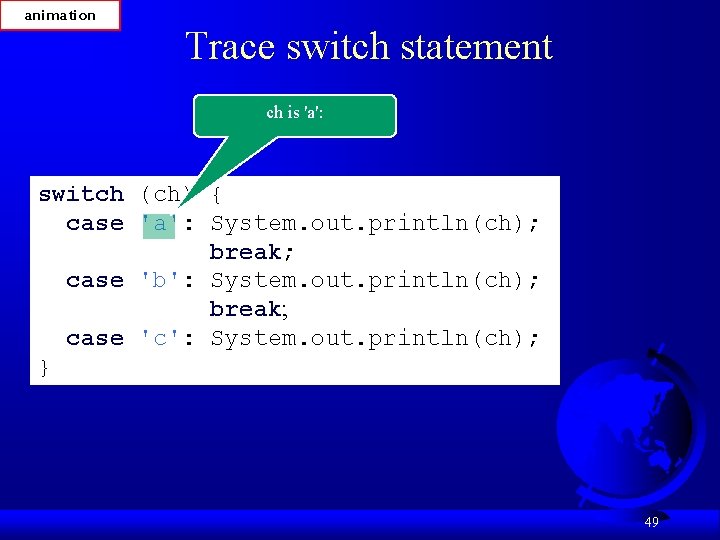 animation Trace switch statement ch is 'a': switch (ch) { case 'a': System. out.