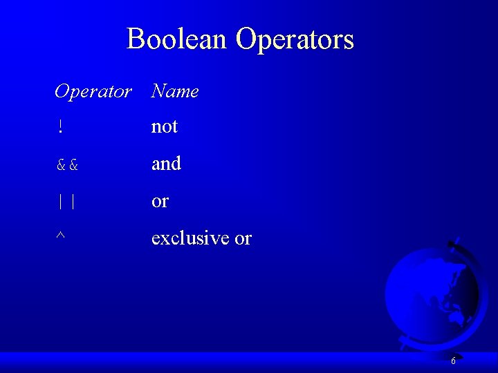 Boolean Operators Operator Name ! not && and || or ^ exclusive or 6