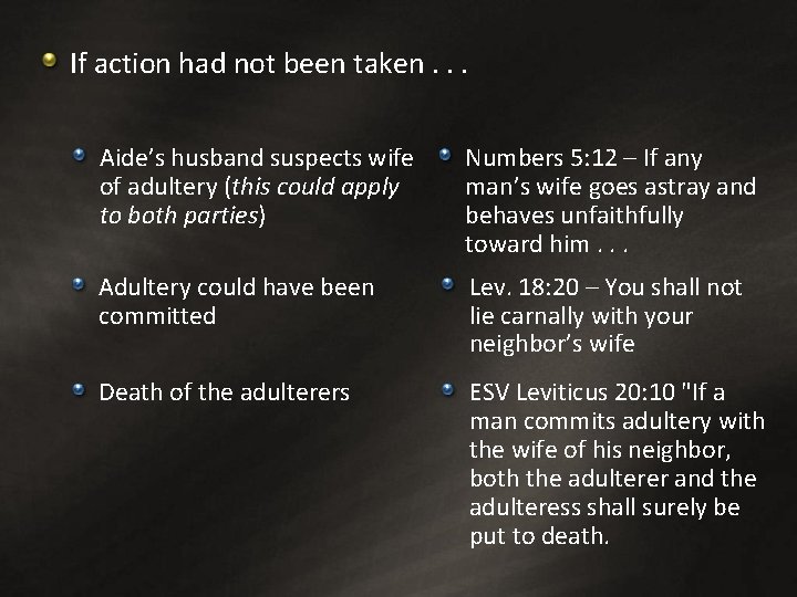 If action had not been taken. . . Aide’s husband suspects wife of adultery If action had not been taken. . . Aide’s husband suspects wife of adultery