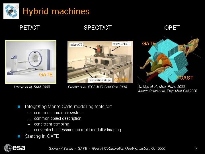 Hybrid machines PET/CT SPECT/CT OPET GATE Lazaro et al, SNM 2005 n Brasse et