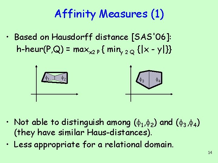 Affinity Measures (1) • Based on Hausdorff distance [SAS'06]: h-heur(P, Q) = maxx 2