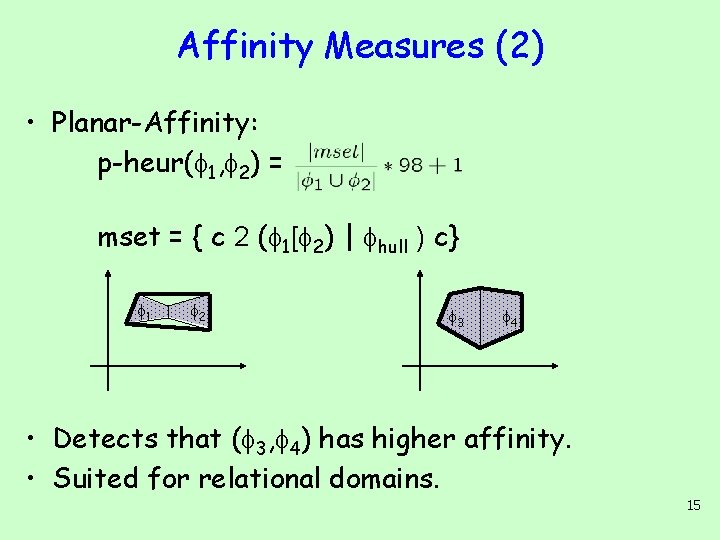 Affinity Measures (2) • Planar-Affinity: p-heur( 1, 2) = mset = { c 2