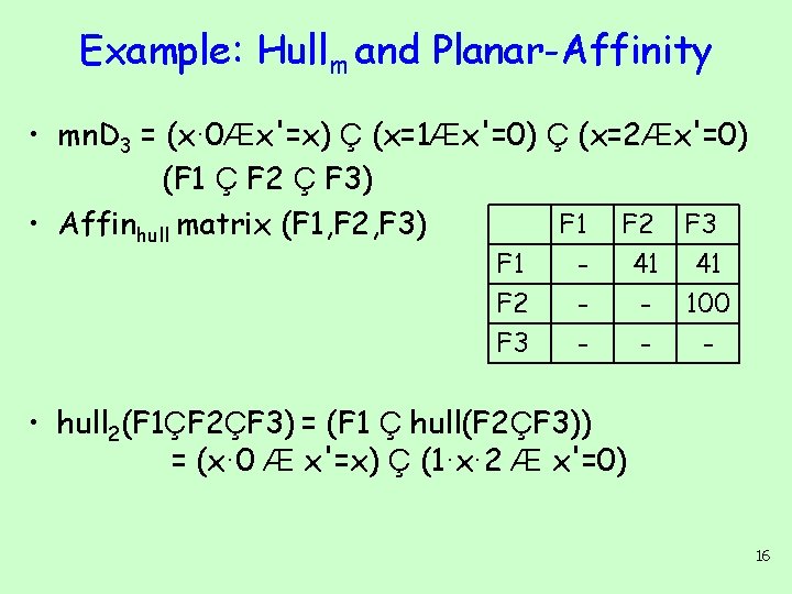 Example: Hullm and Planar-Affinity • mn. D 3 = (x· 0Æx'=x) Ç (x=1Æx'=0) Ç