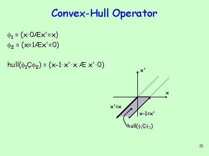 Convex-Hull Operator 1 = (x· 0Æx'=x) 2 = (x=1Æx'=0) hull( 1Ç 2) = (x-1·x'·x