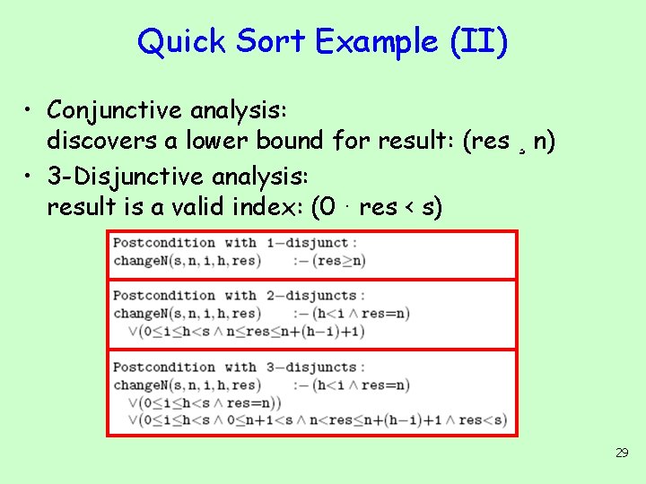 Quick Sort Example (II) • Conjunctive analysis: discovers a lower bound for result: (res
