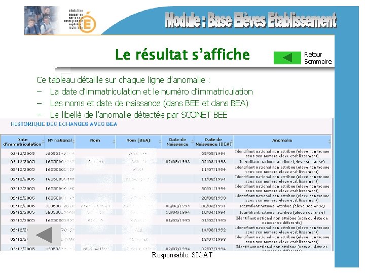 Le résultat s’affiche Ce – – – tableau détaille sur chaque ligne d’anomalie :