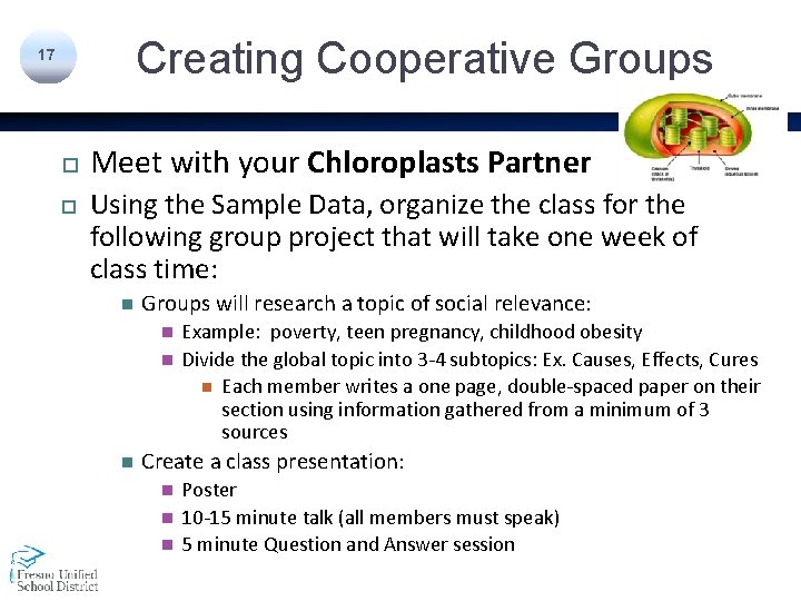 Creating Cooperative Groups 17 Meet with your Chloroplasts Partner Using the Sample Data, organize