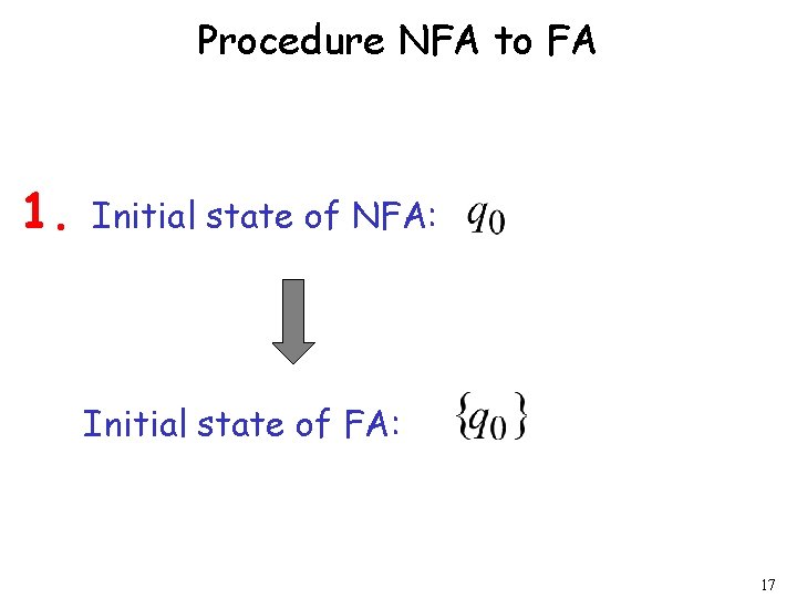 Procedure NFA to FA 1. Initial state of NFA: Initial state of FA: 17