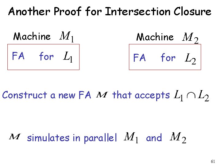 Another Proof for Intersection Closure Machine FA Machine for FA Construct a new FA