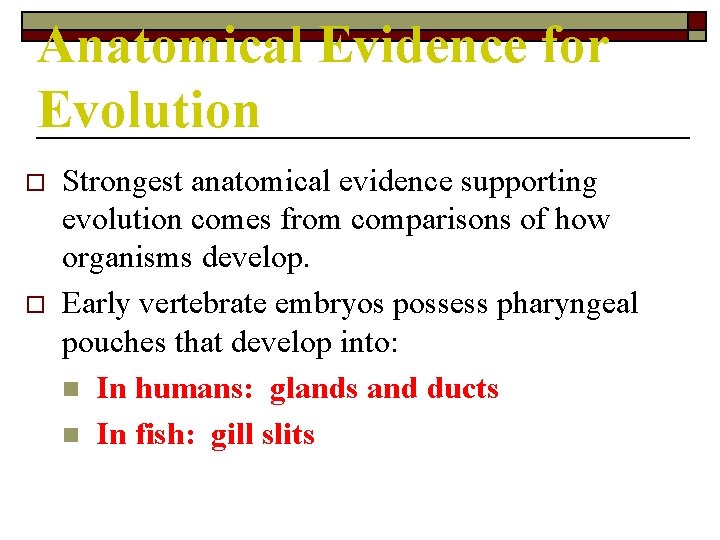 Anatomical Evidence for Evolution o o Strongest anatomical evidence supporting evolution comes from comparisons