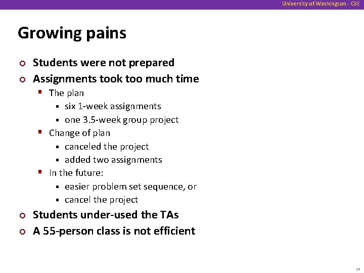 University of Washington - CSE Growing pains ¢ ¢ Students were not prepared Assignments