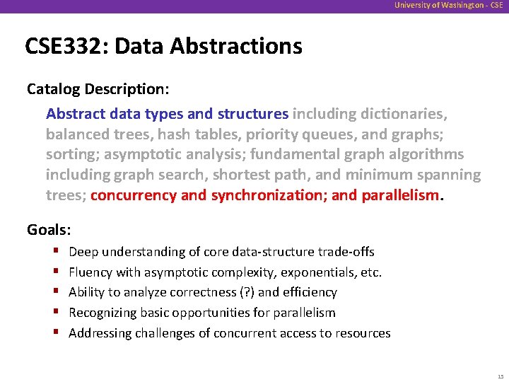 University of Washington - CSE 332: Data Abstractions Catalog Description: Abstract data types and