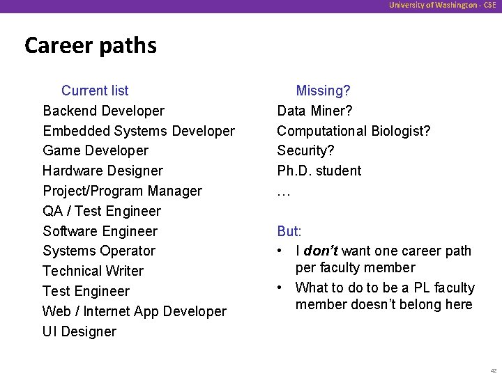 University of Washington - CSE Career paths Current list Backend Developer Embedded Systems Developer