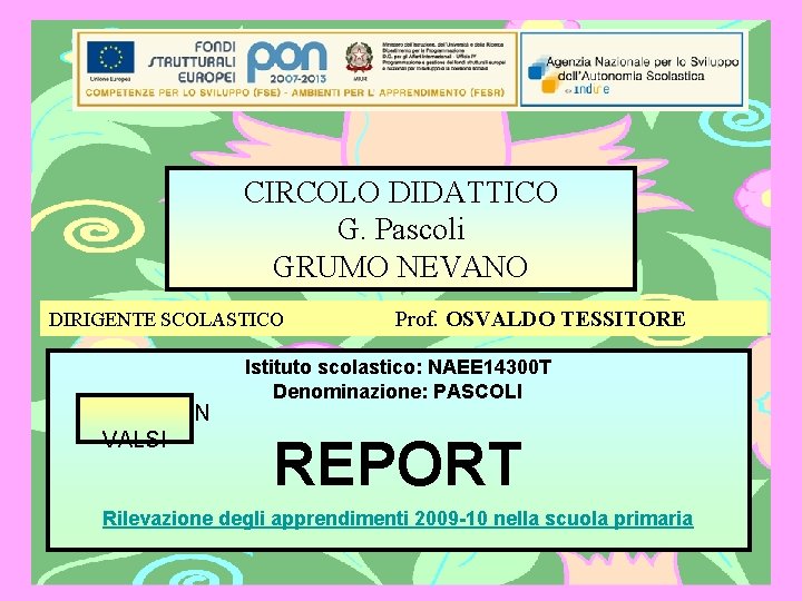 CIRCOLO DIDATTICO G. Pascoli GRUMO NEVANO DIRIGENTE SCOLASTICO IN Prof. OSVALDO TESSITORE Istituto scolastico: CIRCOLO DIDATTICO G. Pascoli GRUMO NEVANO DIRIGENTE SCOLASTICO IN Prof. OSVALDO TESSITORE Istituto scolastico: