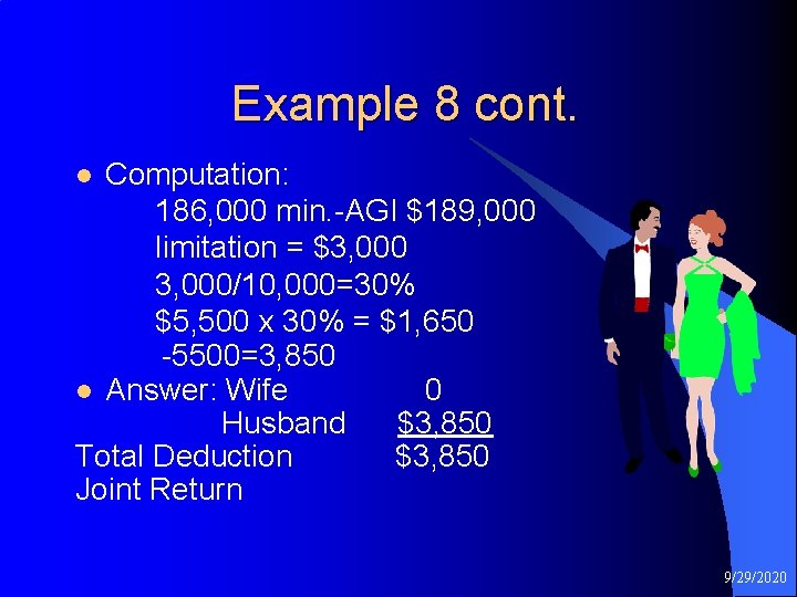 Example 8 cont. Computation: 186, 000 min. -AGI $189, 000 limitation = $3, 000/10,